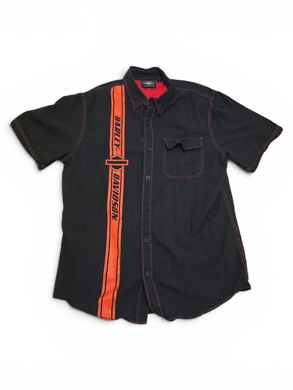 Harley-Davidson Men’s Black Short Sleeve Button-Up Shirt with Orange Stripe